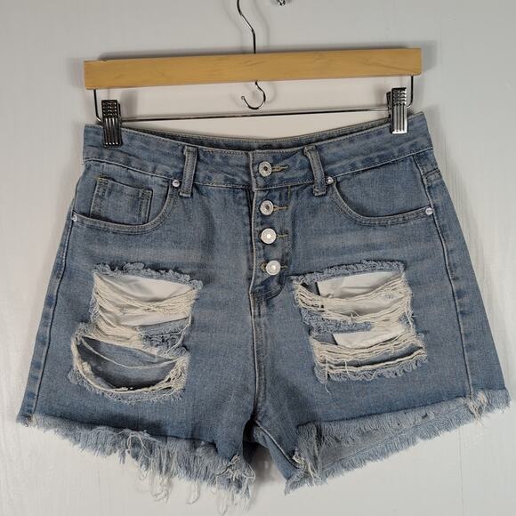 Women's Blue Denim Shorts American Flag Distressed Cut-Off USA Cheeky Size Small - Picture 3 of 9